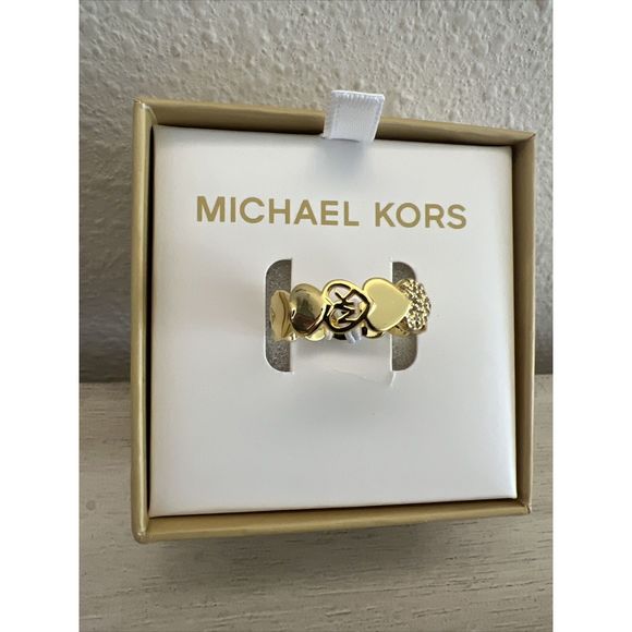 Michael Kors Gold Filled Heart, Crystal & Logo Ring Size 8 New In Box - Picture 2 of 10